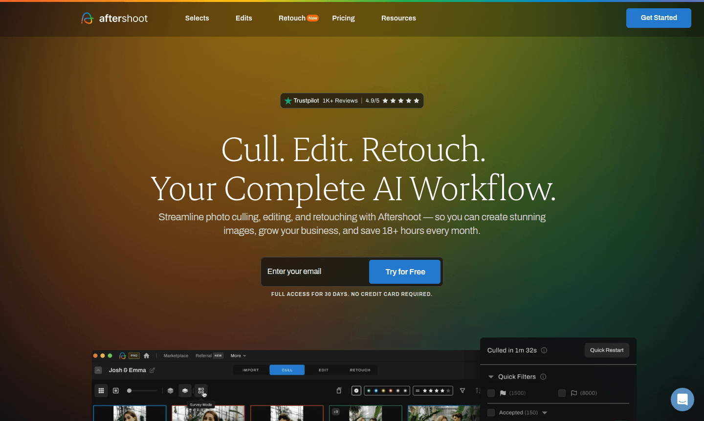 Aftershoot software interface showing culling and editing features