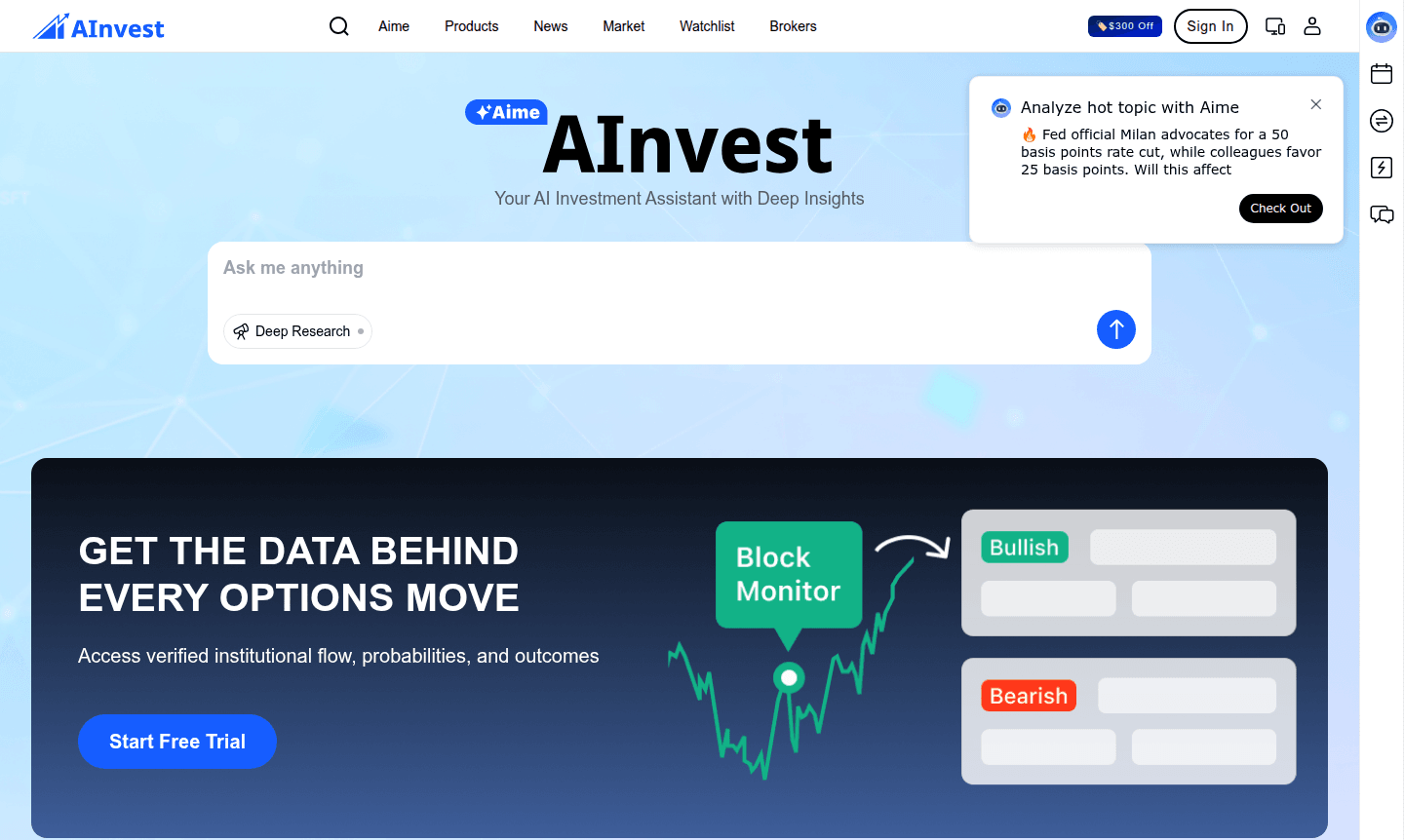 Screenshot of AInvest market dashboard showing investment insights