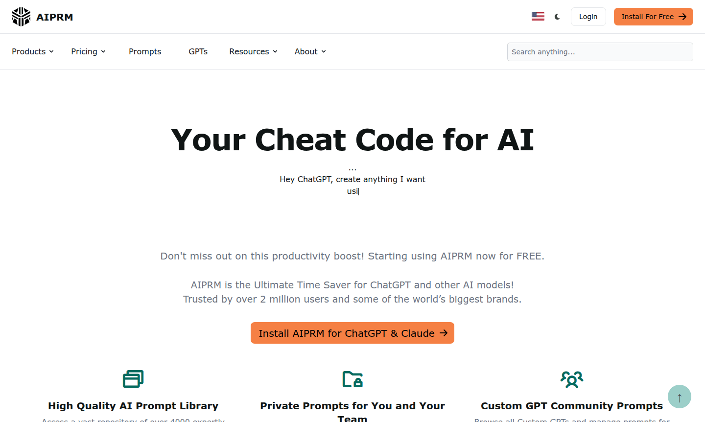 AIPRM tool interface showcasing prompt library and user dashboard