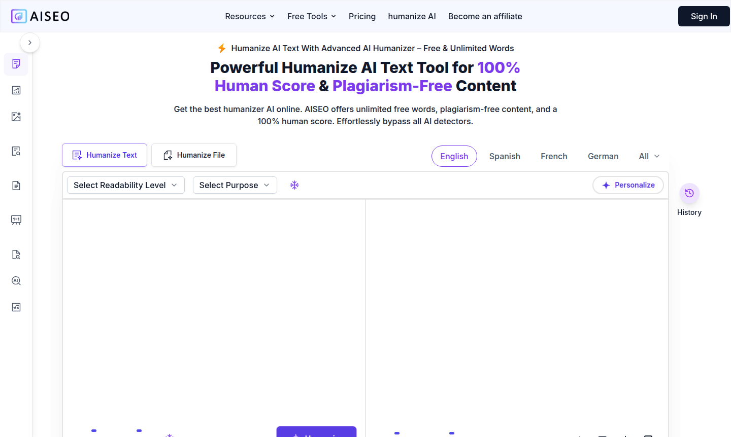 AISEO Humanizer tool interface