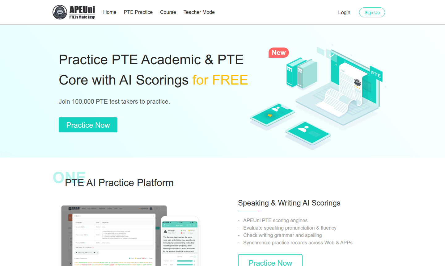 APEUni platform interface showing AI scoring and study features