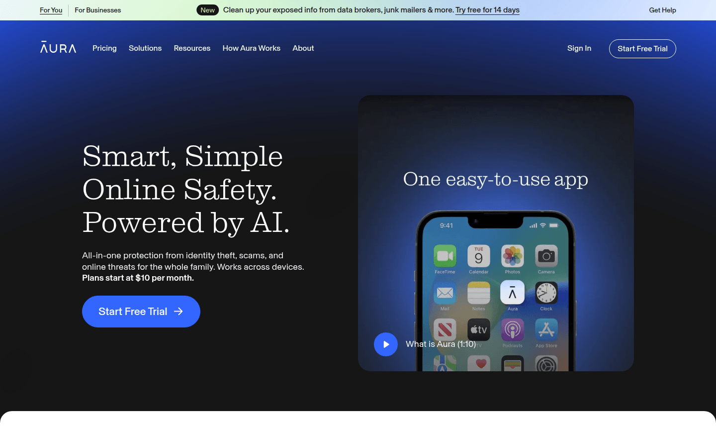 Aura identity theft protection dashboard and interface preview