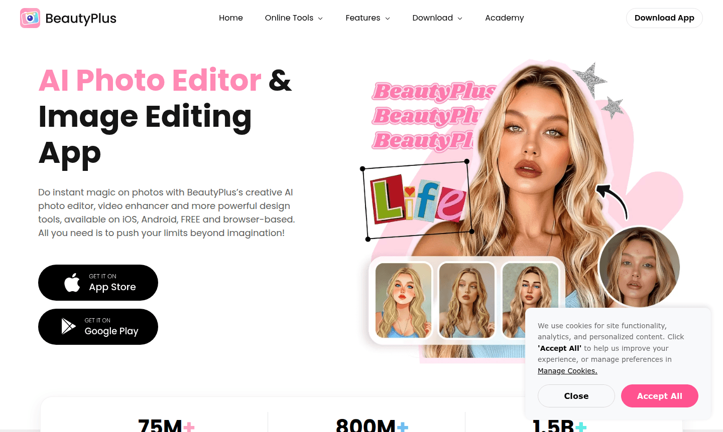 BeautyPlus app interface showing photo editing tools and filters
