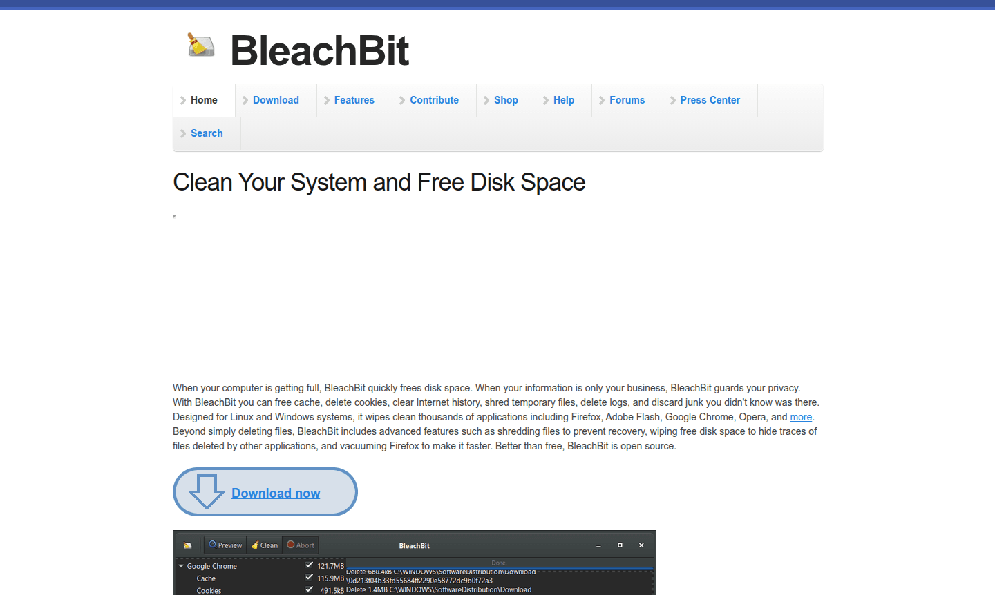 Screenshot of BleachBit application interface showing cleaning options