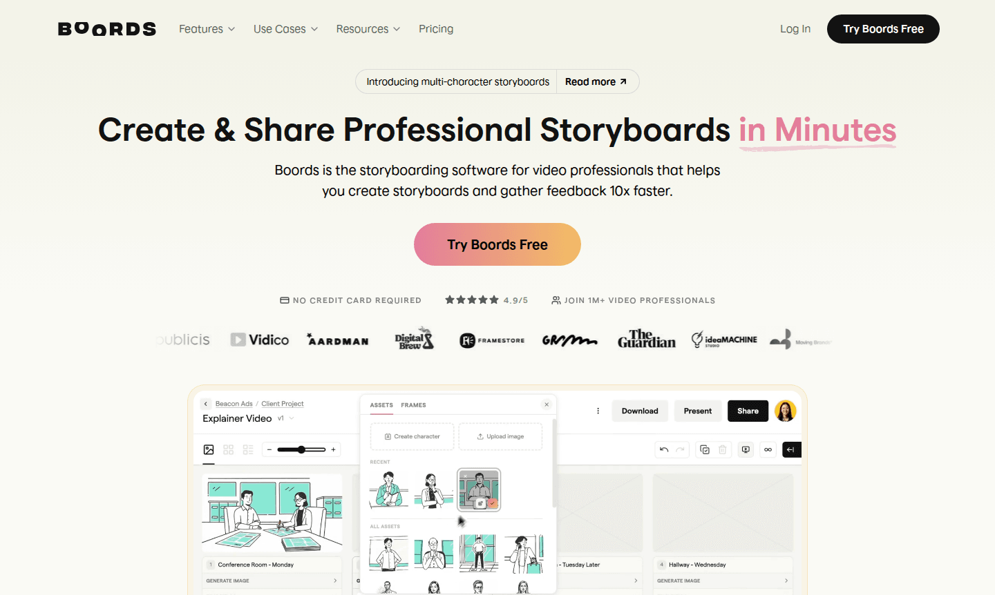 Boords storyboard software interface showing collaborative tools and features
