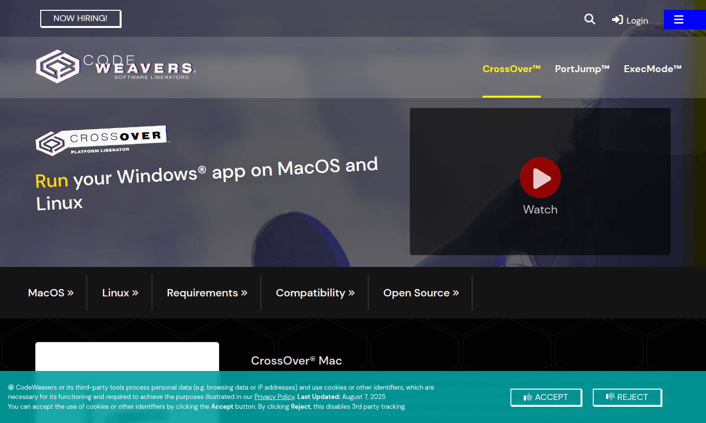 CrossOver application interface