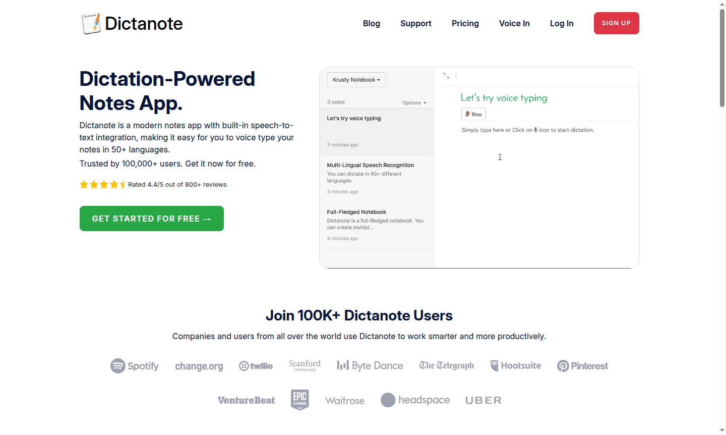 Dictanote application interface showing voice typing and note management