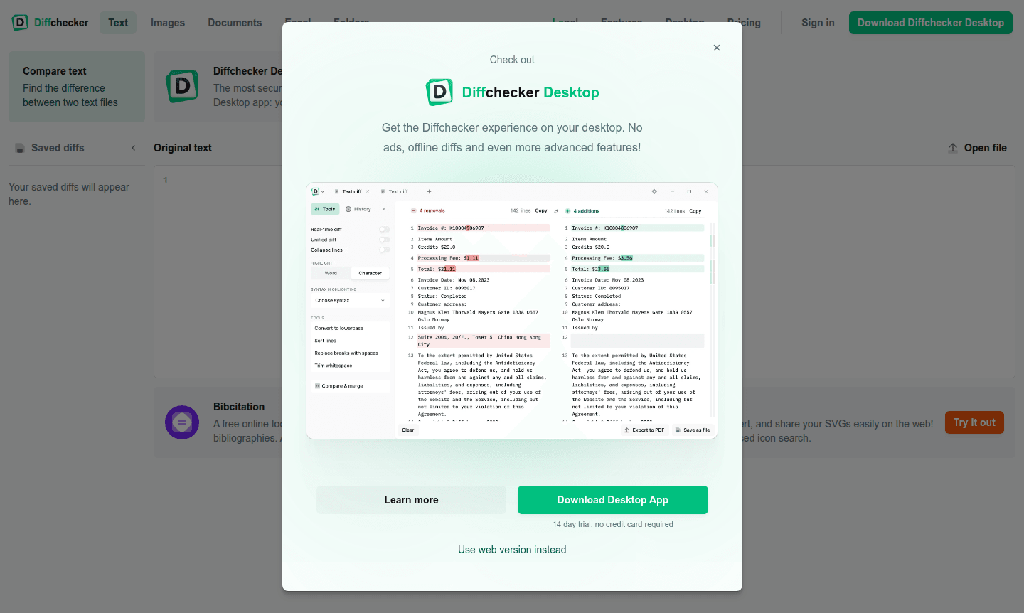 Diffchecker application interface