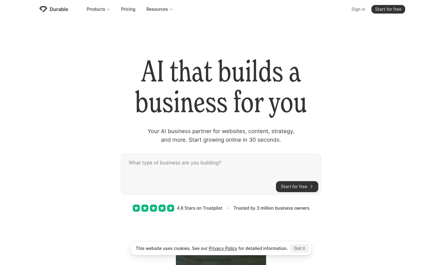 Screenshot of Durable's AI website builder interface showing customization options
