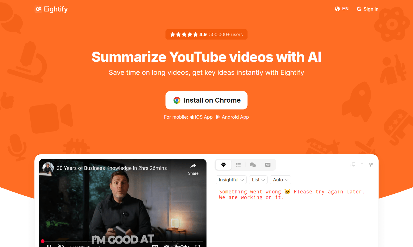 Screenshot of Eightify video summarizer tool in action