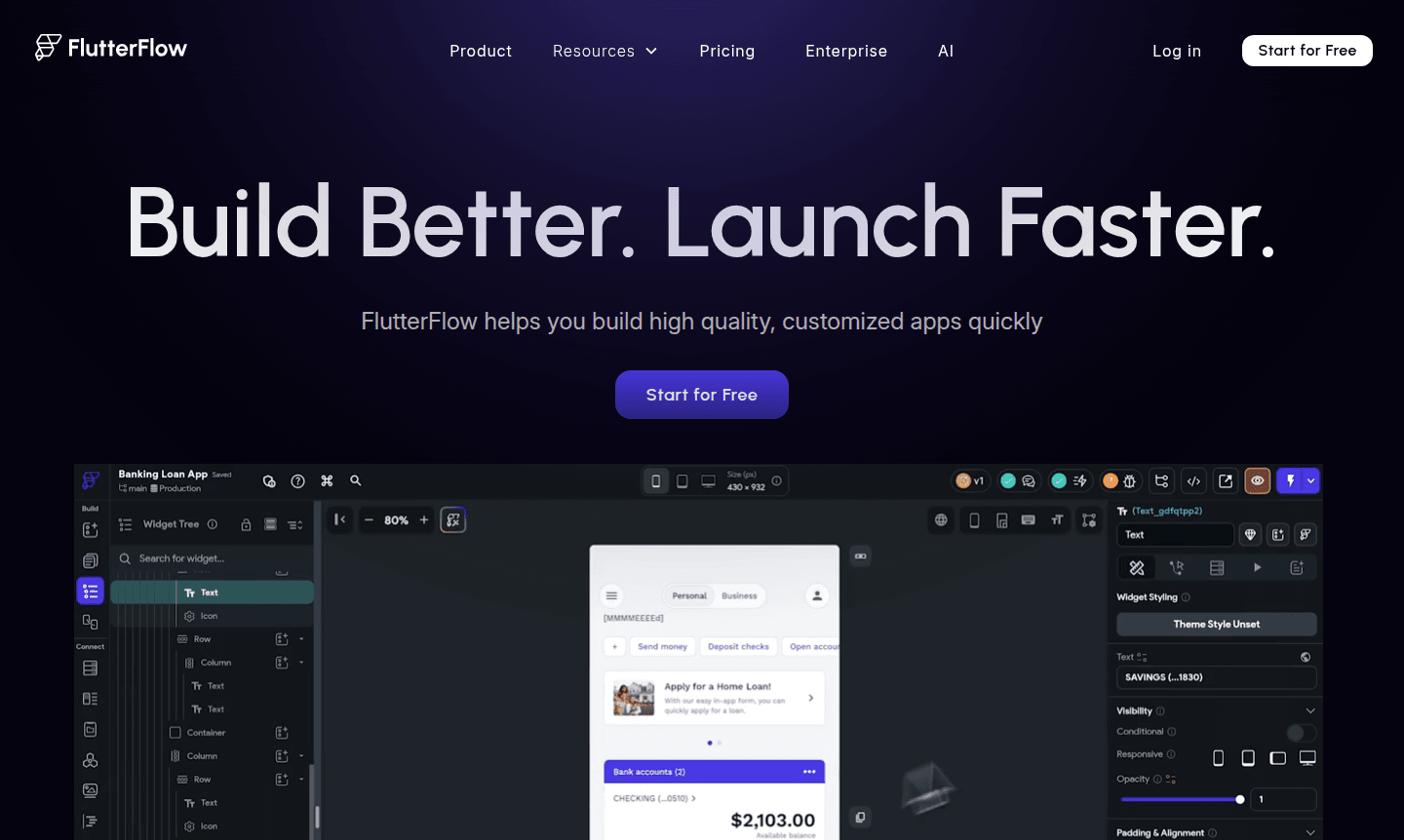 FlutterFlow app builder interface