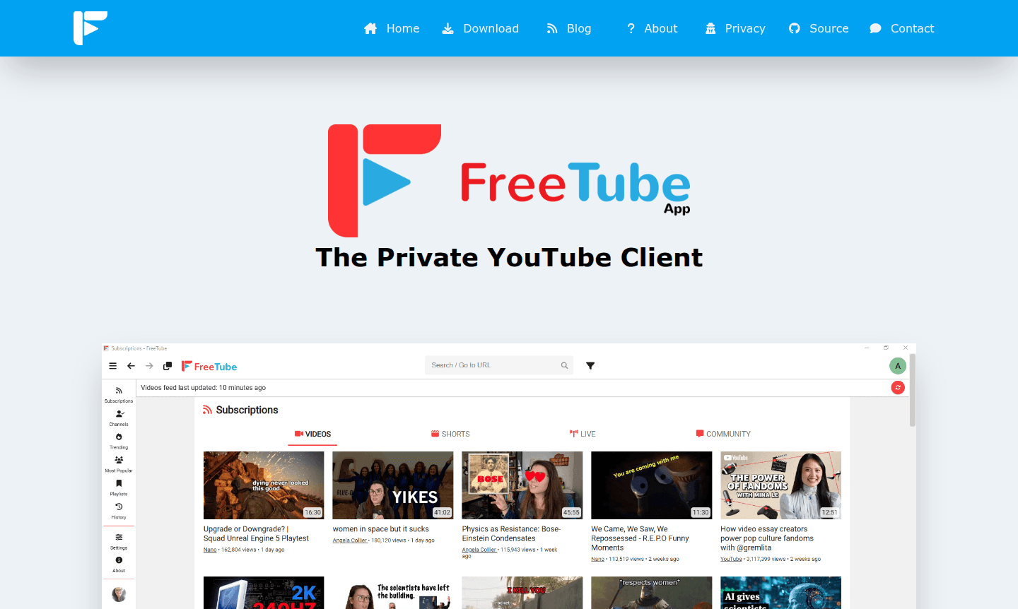 FreeTube desktop application interface showing video playback and subscription management