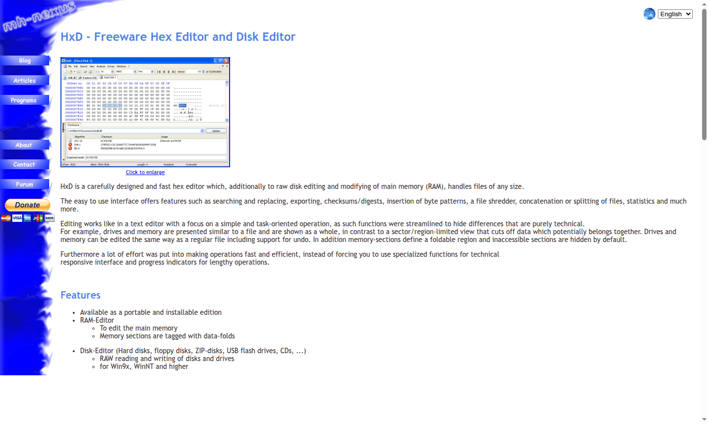 Mini screenshot of HxD hex editor and disk editor