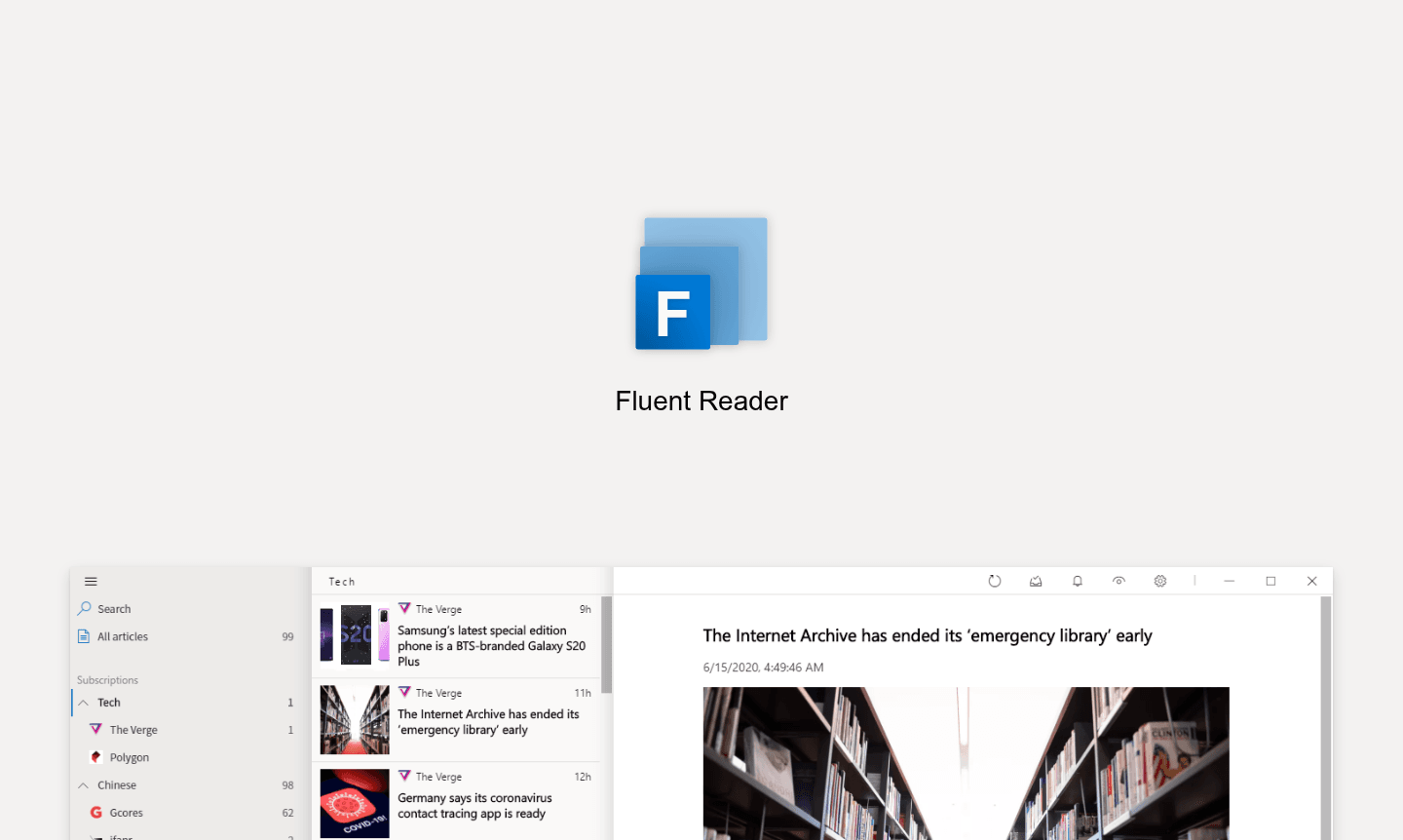 Fluent Reader thumbnail showing the application interface with news feeds