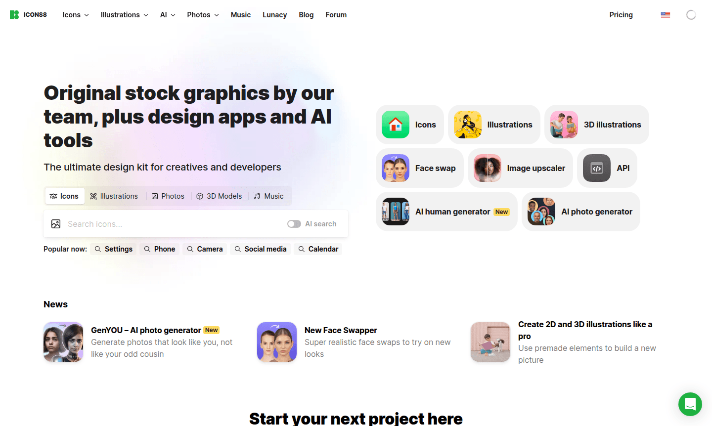 Preview image of Icons8 platform showing icons and design tools