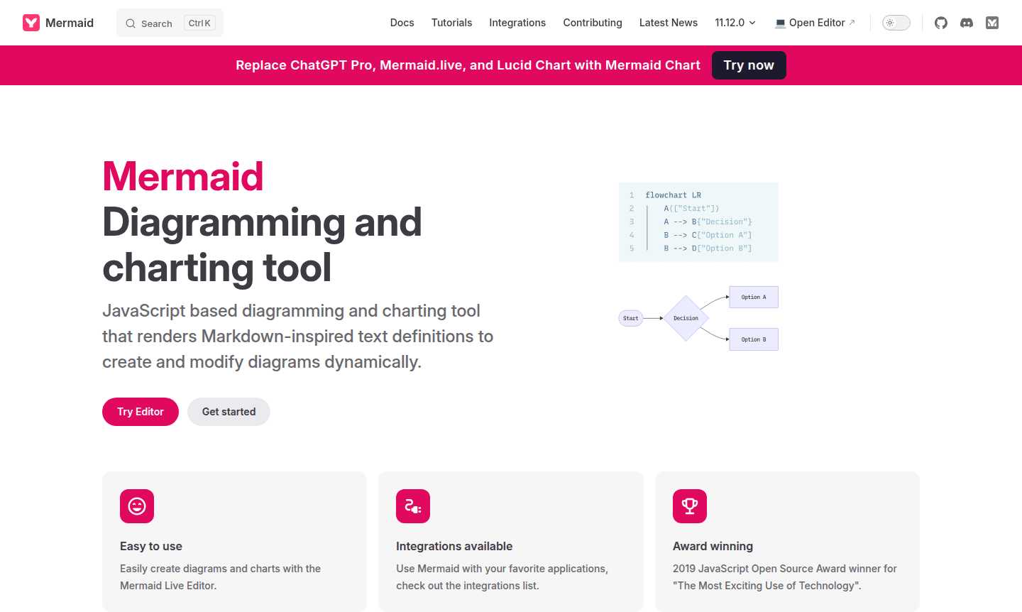 Mermaid tool interface showing live editor and sample diagrams like flowcharts and sequence charts