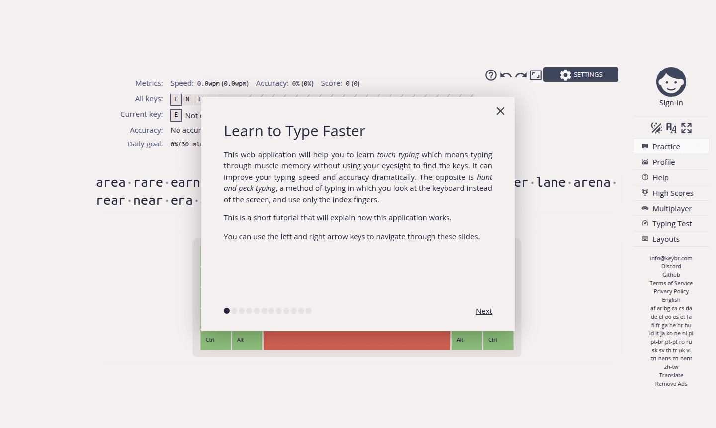 Keybr typing tutor interface