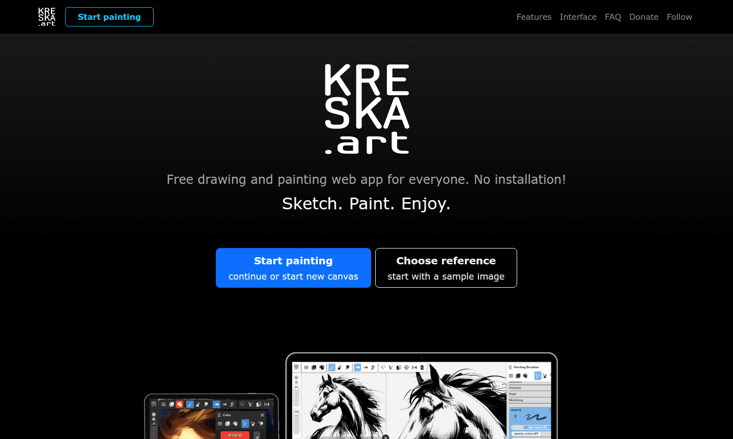 KRESKA.art digital painting interface showing brushes and canvas