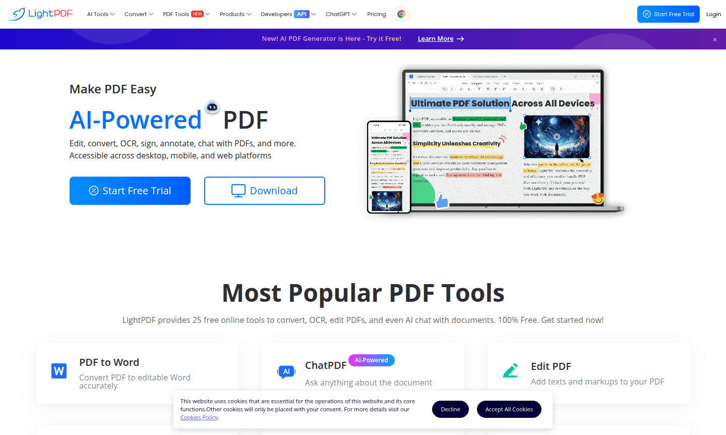 LightPDF tool interface showcasing PDF editing and AI features