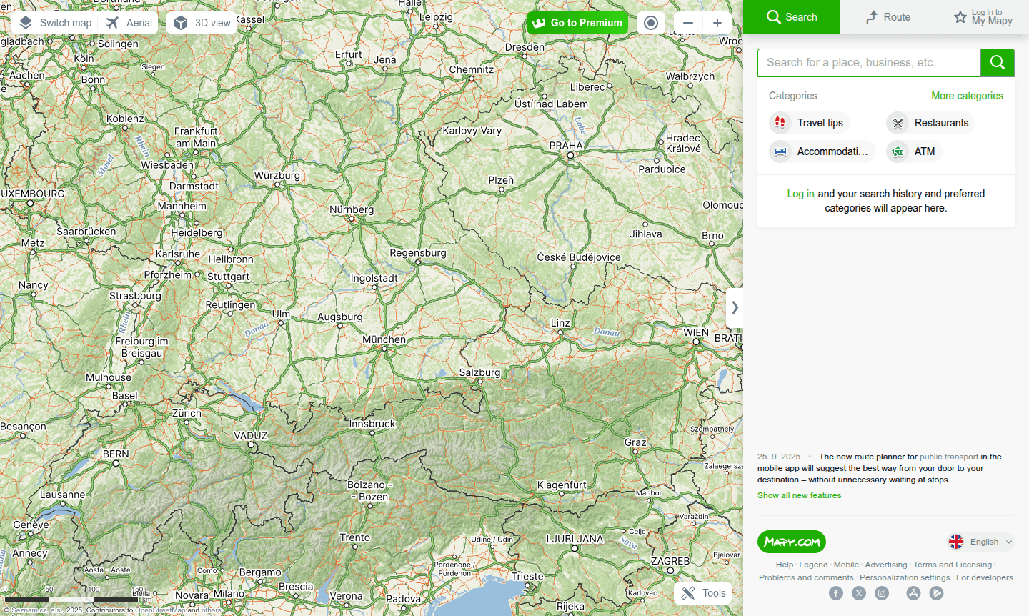 Screenshot of Mapy app interface