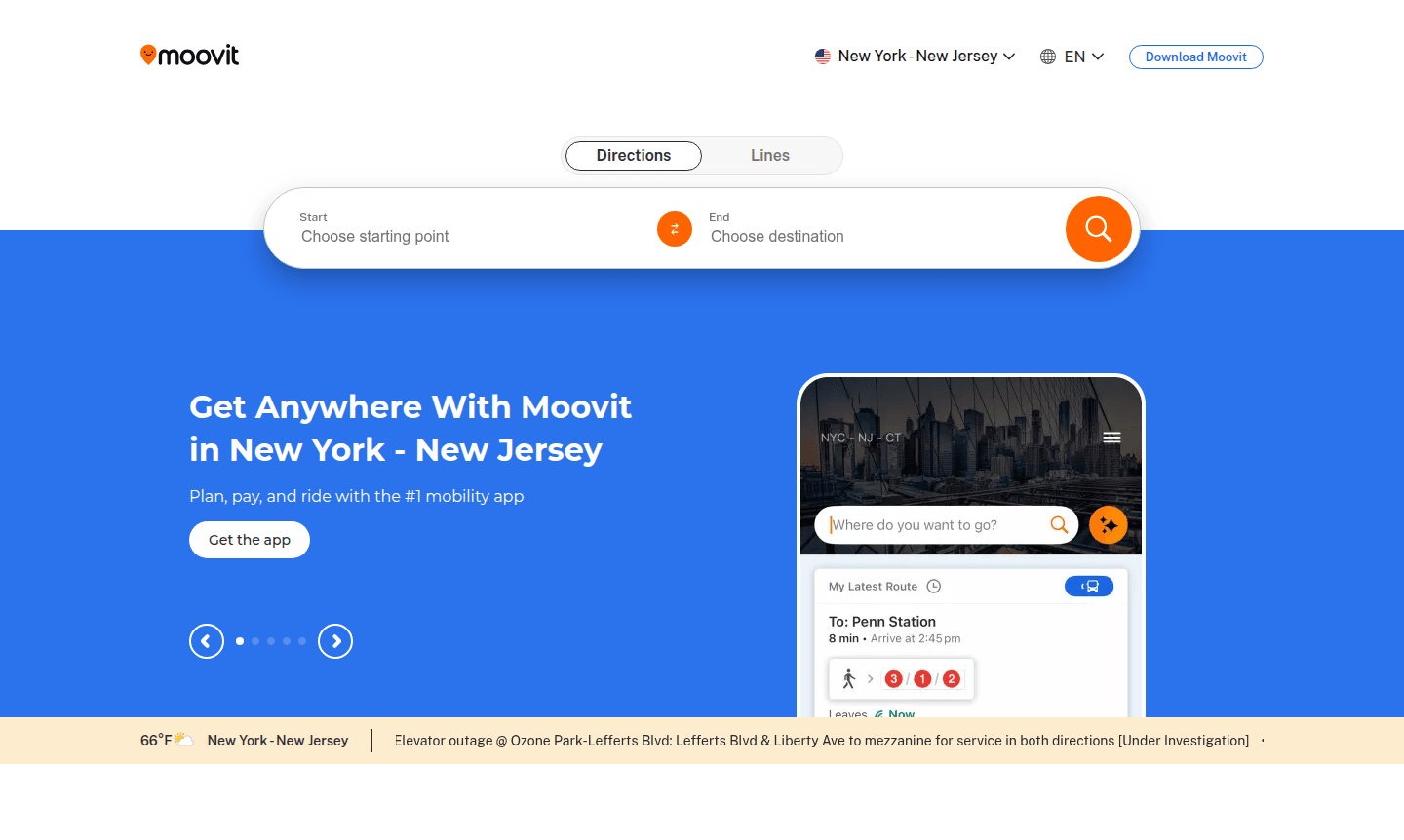 Moovit app interface showing map and routes