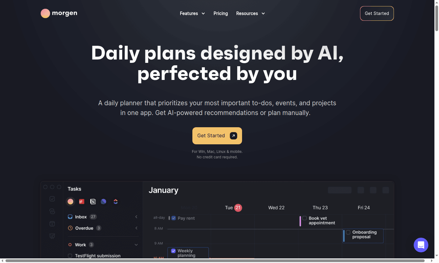Morgen app interface showing calendar and task scheduling