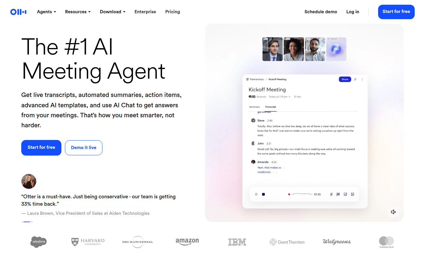 Dashboard view of Otter.ai showing live transcription and summaries
