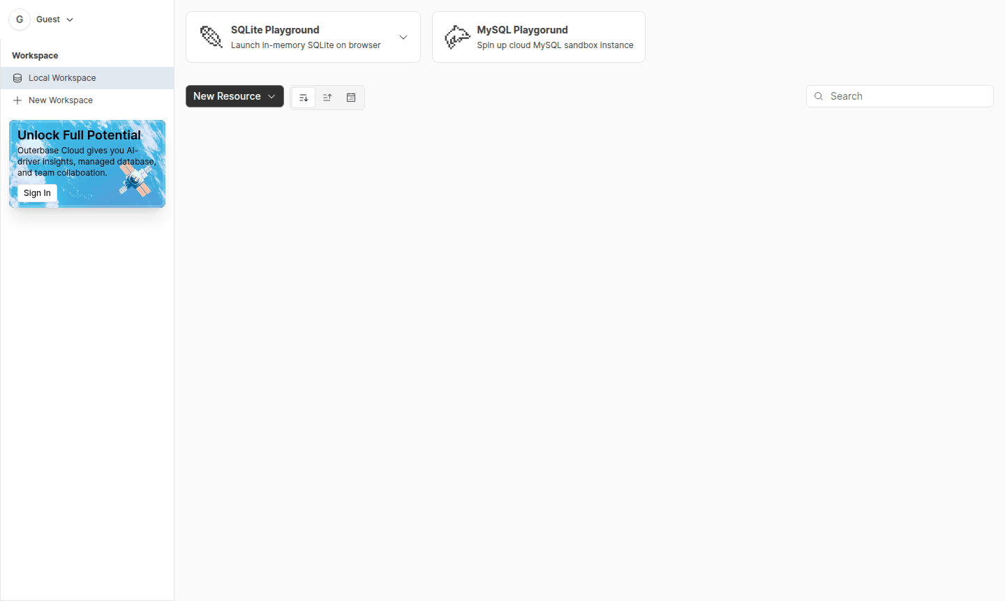 Outerbase Cloud workspace interface
