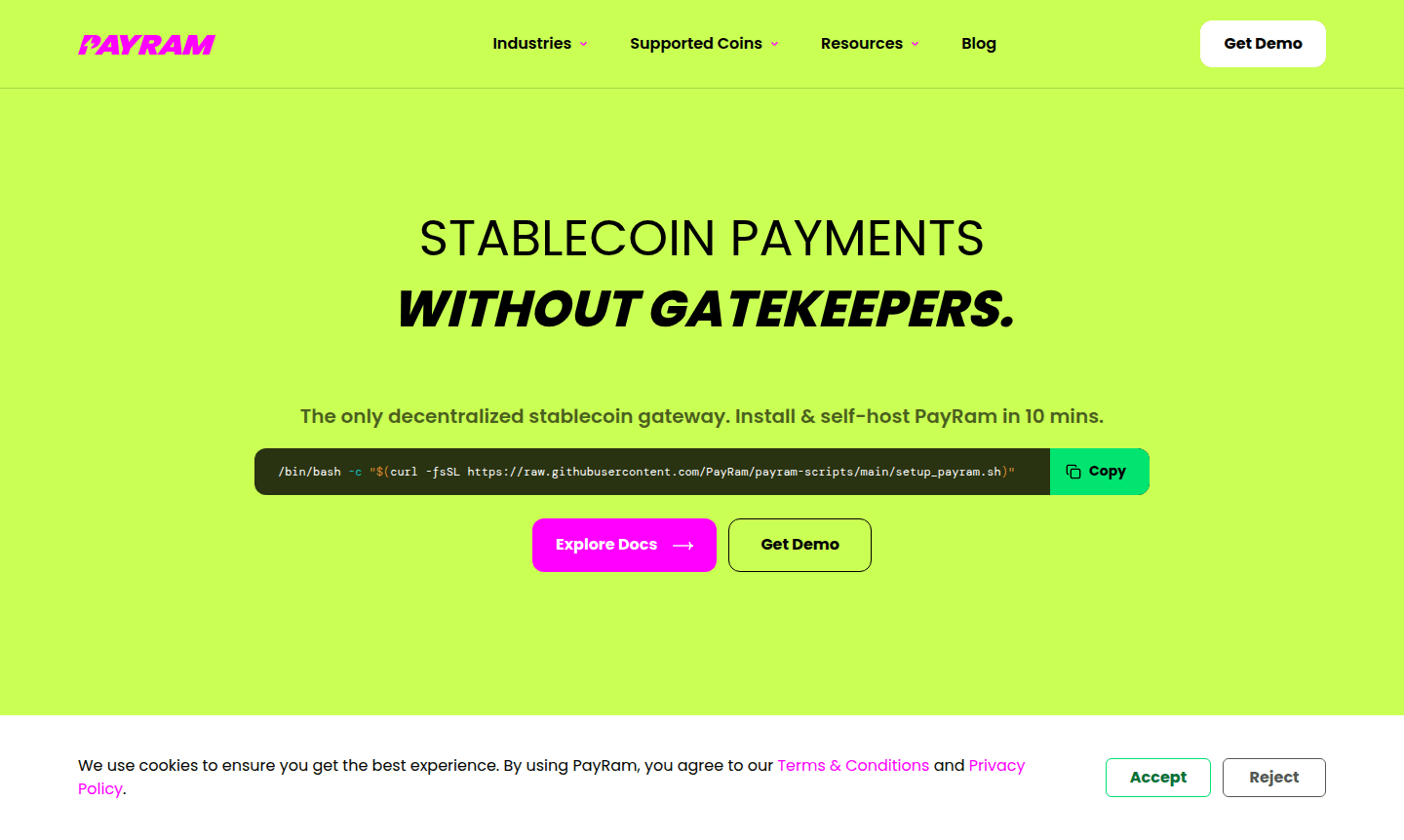 Screenshot of PayRam dashboard showing payment processing and wallet management interface