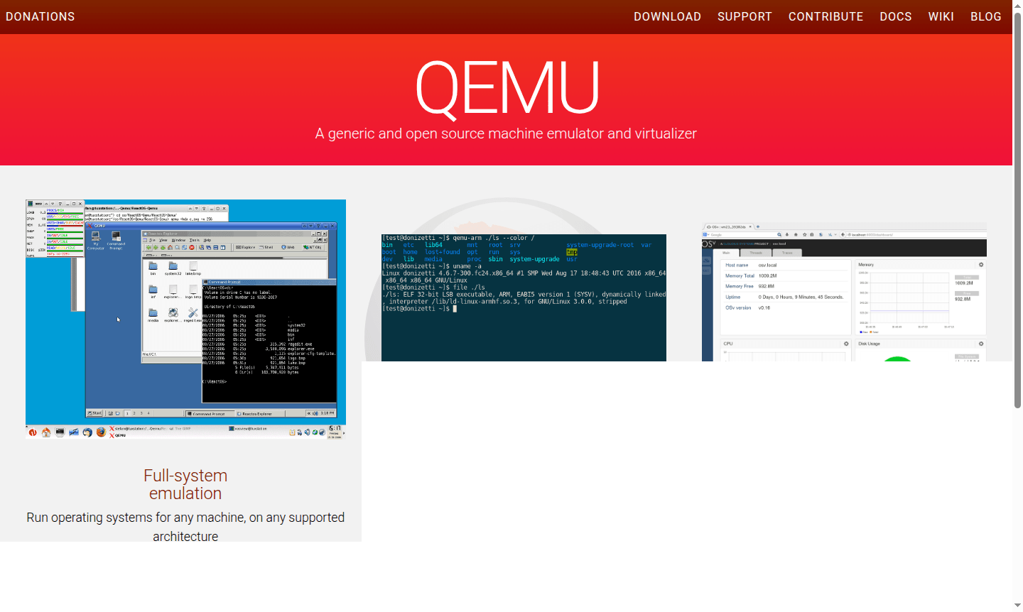 QEMU software interface showing virtual machine management