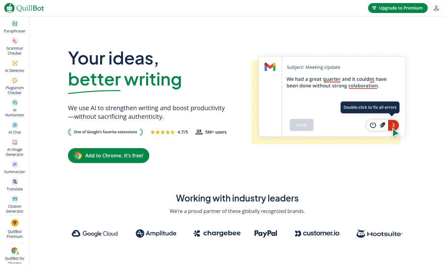 Screenshot of QuillBot interface showing paraphrasing and grammar checking features