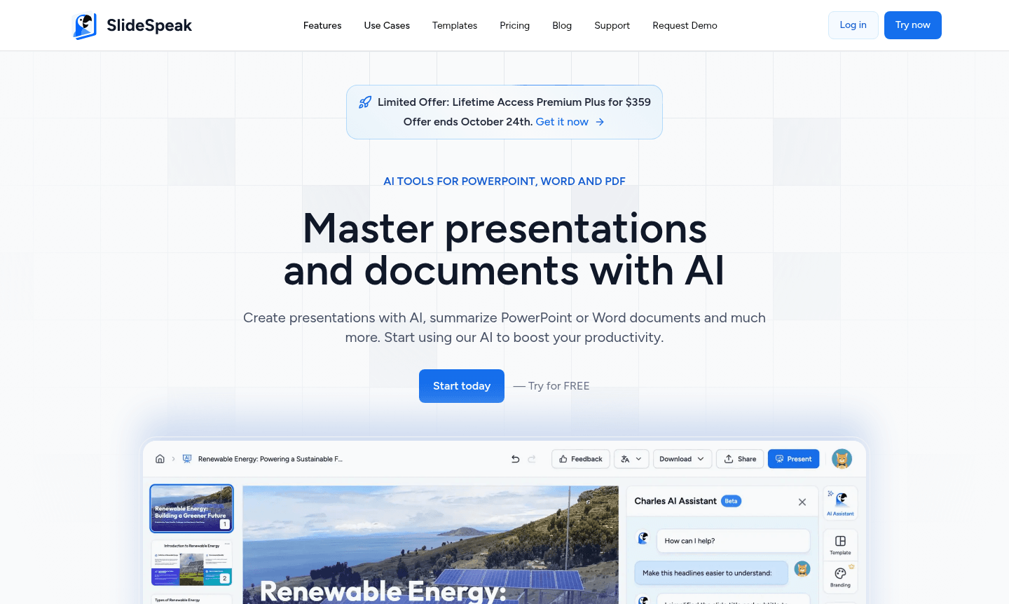 SlideSpeak thumbnail image showcasing AI presentation features