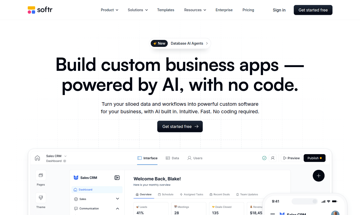 Softr thumbnail image showing a custom application dashboard with AI integration