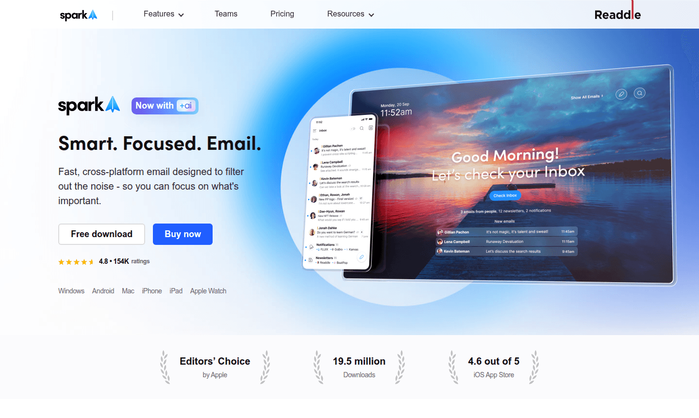 Spark email app interface showcasing smart inbox and features