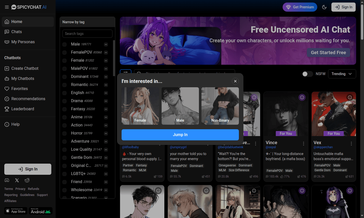 Spicychat AI chat interface showing character selection and conversation preview