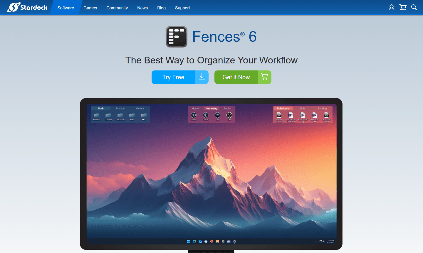 Fences software thumbnail showing organized desktop with fences