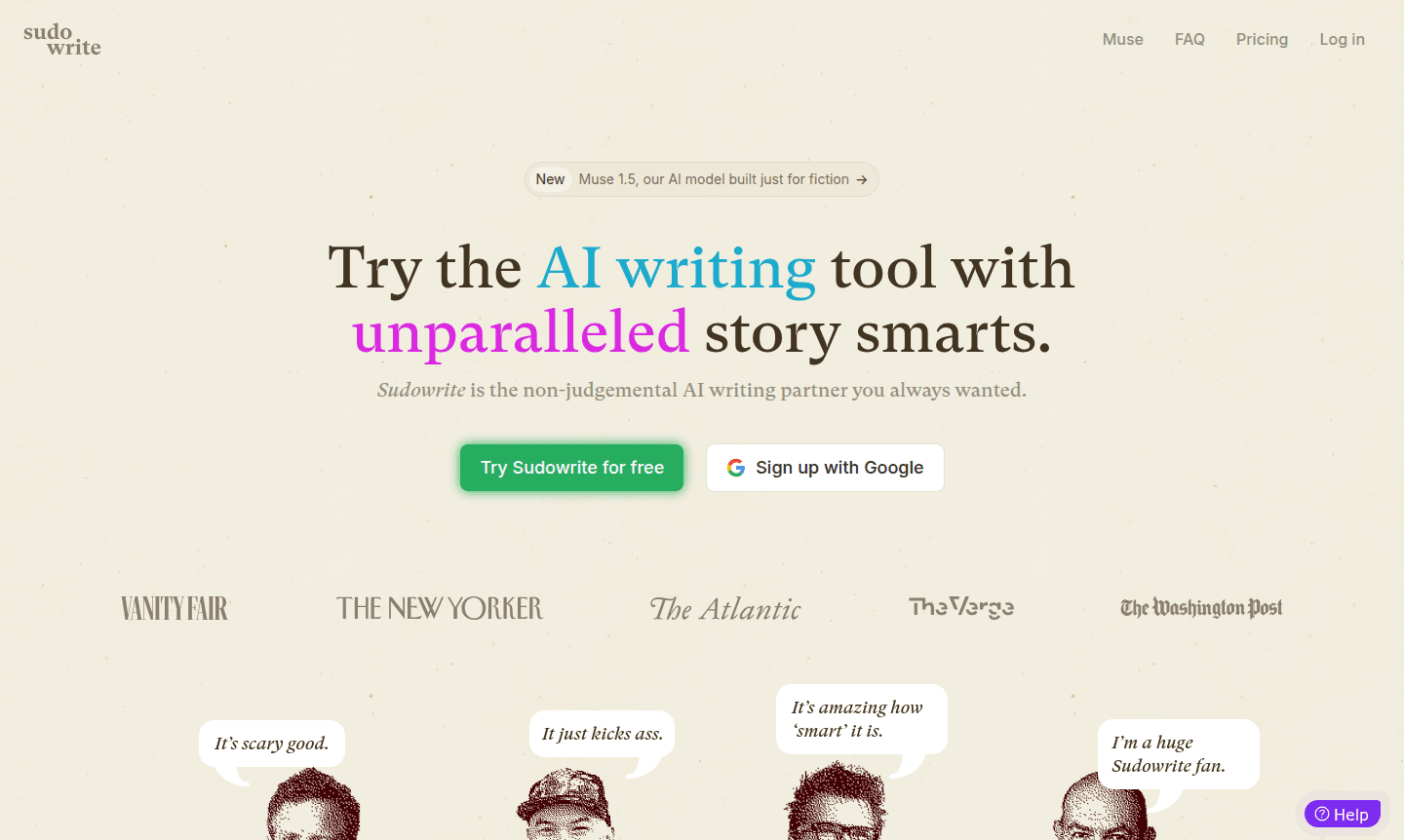 Screenshot of Sudowrite writing interface showing features