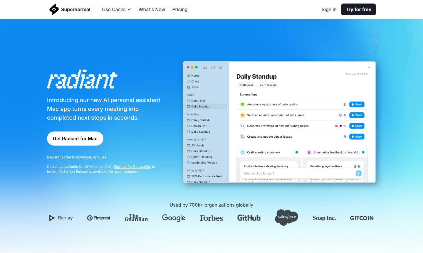 Supernormal application interface showing meeting transcription