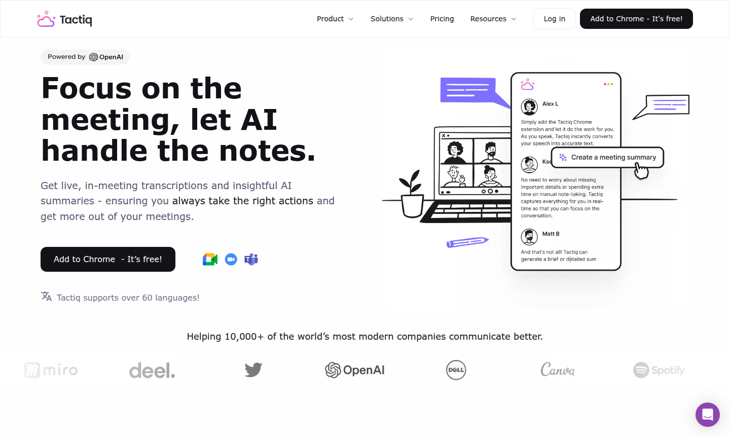 Tactiq interface showing real-time meeting transcription