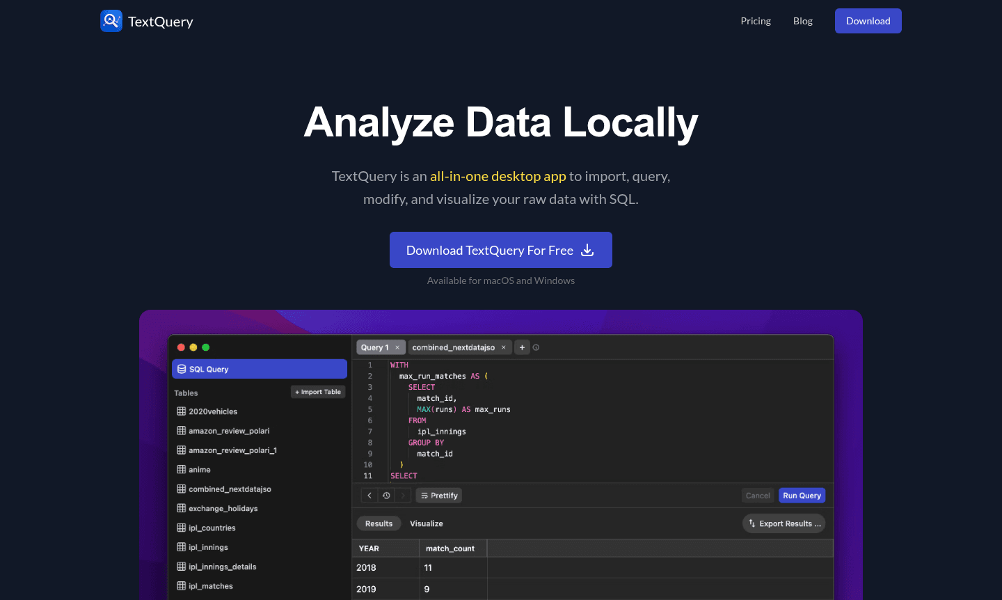 TextQuery application interface