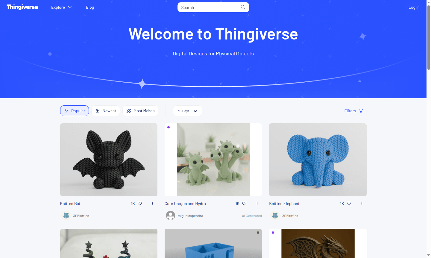 Thingiverse website interface showing 3D models