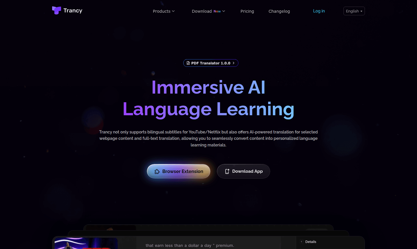 Trancy thumbnail showing bilingual subtitles and translation features