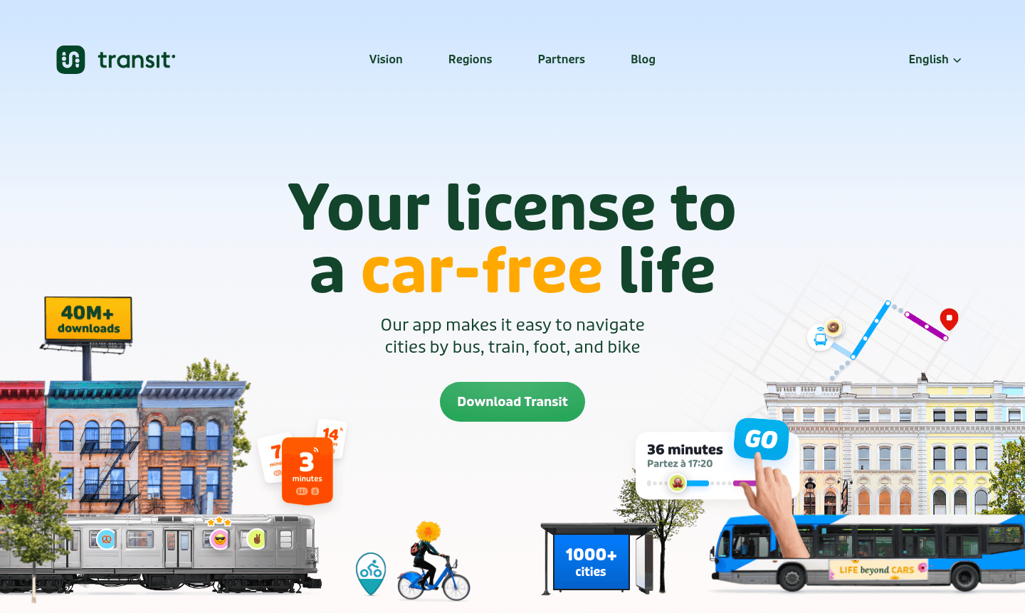 Screenshot of Transit app showing real-time bus locations and route planning interface