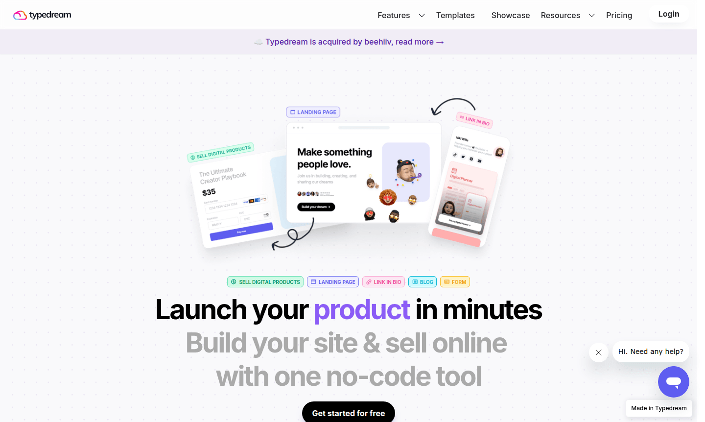 Screenshot or cover image of Typedream website builder interface showing drag-and-drop functionality