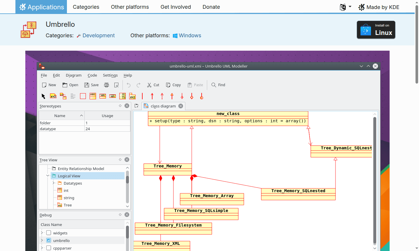 Screenshot of Umbrello interface showing class diagram
