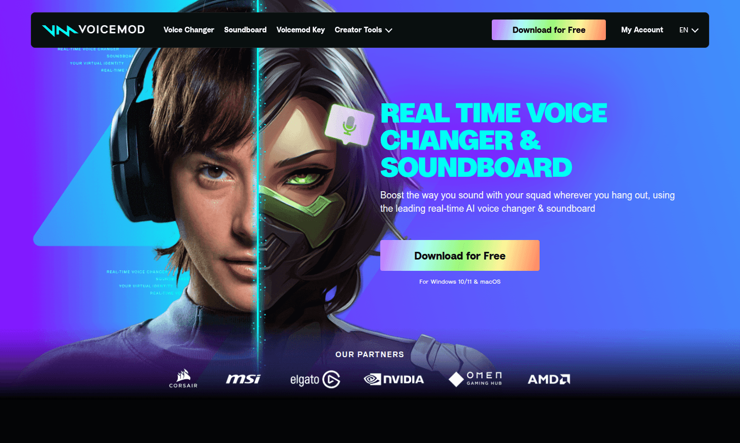 Voicemod application interface showing voice filters and soundboard