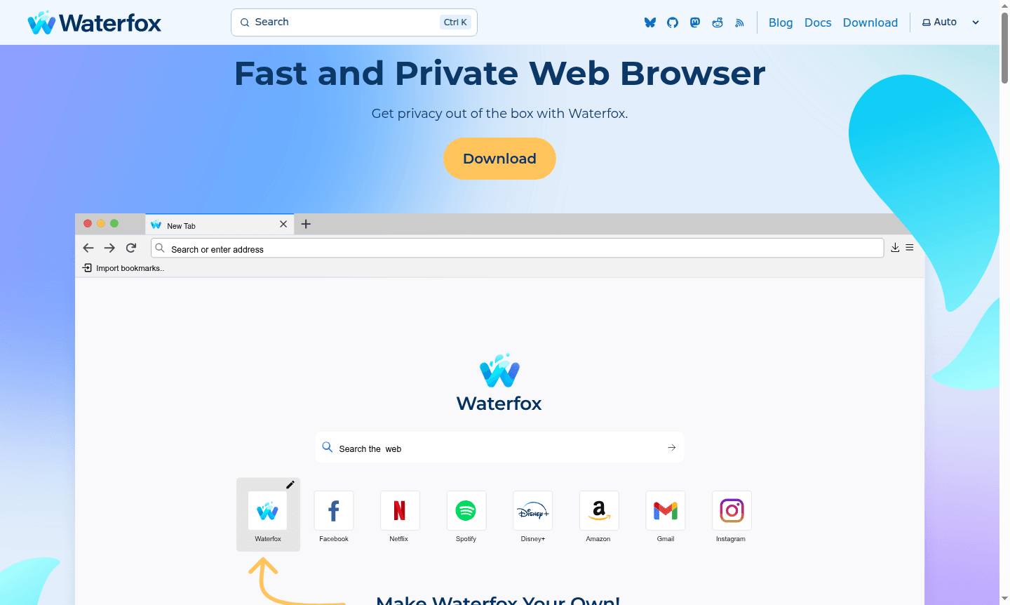 Waterfox browser interface