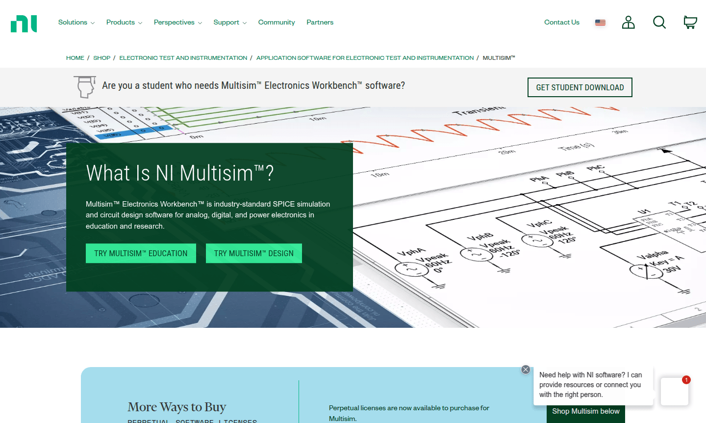 Screenshot of Multisim software interface showing schematic design