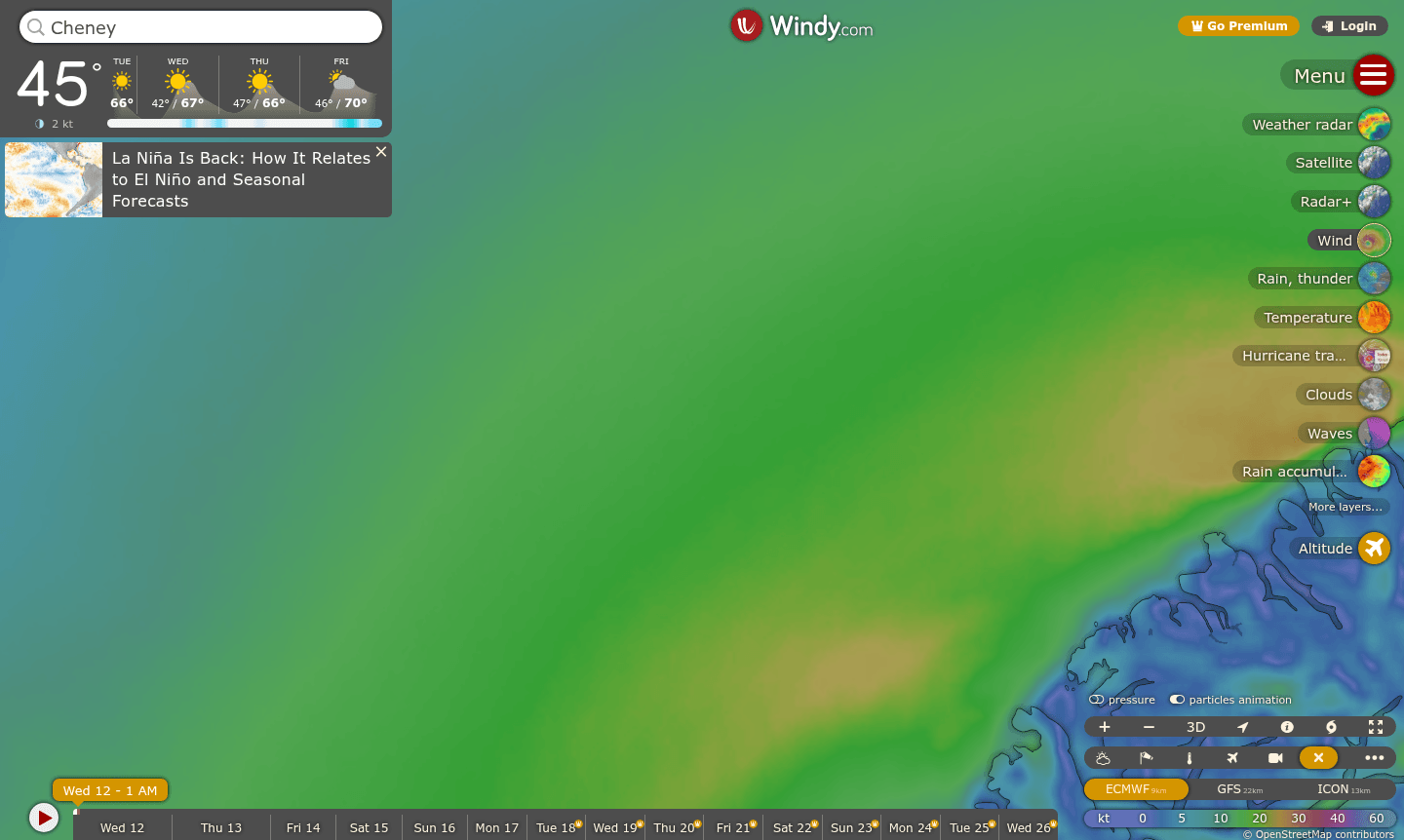 Windy weather forecast interface