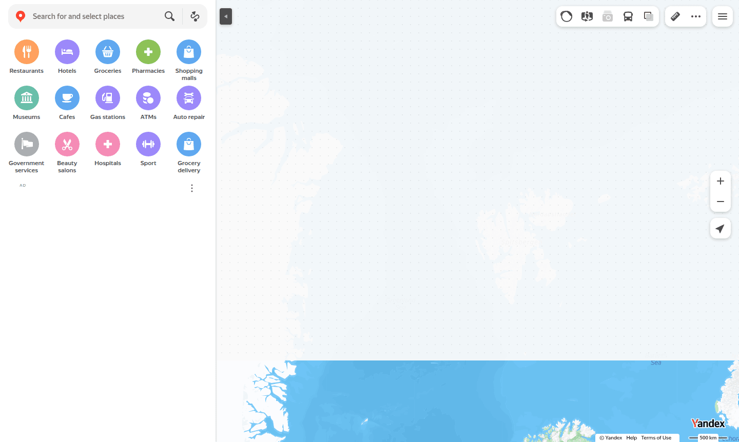 Yandex Maps application interface